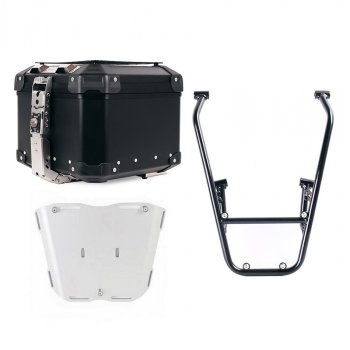 アトラス 44L ユニバーサル アルミニウム トップケース + ロイヤル エンフィールド ゲリラ 450 リアラック、パッセンジャーハンドル付き