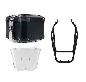 アトラス 44L ユニバーサル アルミニウム トップケース + トライアンフ スクランブラー 1200 X & XE 用、パッセンジャー用グラブハンドル付きブラックリアラック