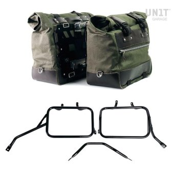 Canvas 40L - 50L の Cult サイドバッグ 1 組 + アルミプレート 1 組 + Triumph Tracker 400 アルミサドルバッグフレーム