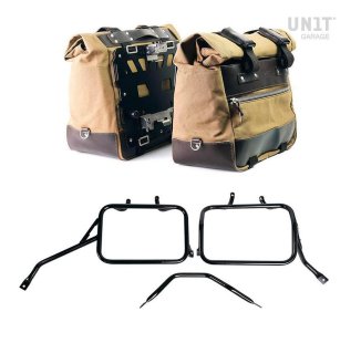Canvas 40L - 50L の Cult サイドバッグ 1 組 + アルミプレート 1 組 + Triumph Tracker 400 アルミサドルバッグフレーム