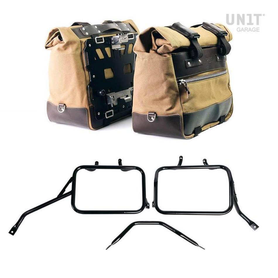 Canvas 40L - 50L の Cult サイドバッグ 1 組 + アルミプレート 1 組 + Triumph Tracker 400 アルミサドルバッグフレーム