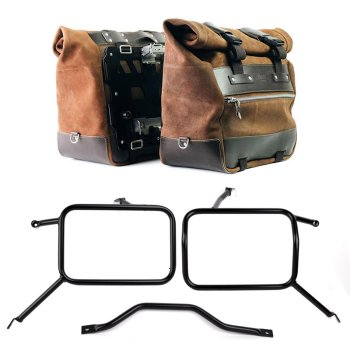 スプリットレザーのカルトサイドバッグのペア 40L - 50L + アルミニウムプレート + アトラス製アルミ製パニアフレーム　トライアンフ ストリートスクランブラー900（2026年以降モデル対応）