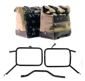 スプリットレザーのカルトサイドバッグのペア 40L - 50L + アルミニウムプレート + アトラス製アルミ製パニアフレーム　トライアンフ ストリートスクランブラー900（2026年以降モデル対応）