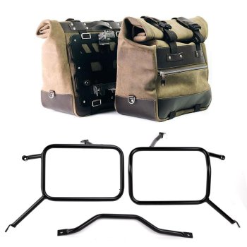 スプリットレザーのカルトサイドバッグのペア 40L - 50L + アルミニウムプレート + アトラス製アルミ製パニアフレーム　トライアンフ ストリートスクランブラー900（2026年以降モデル対応）